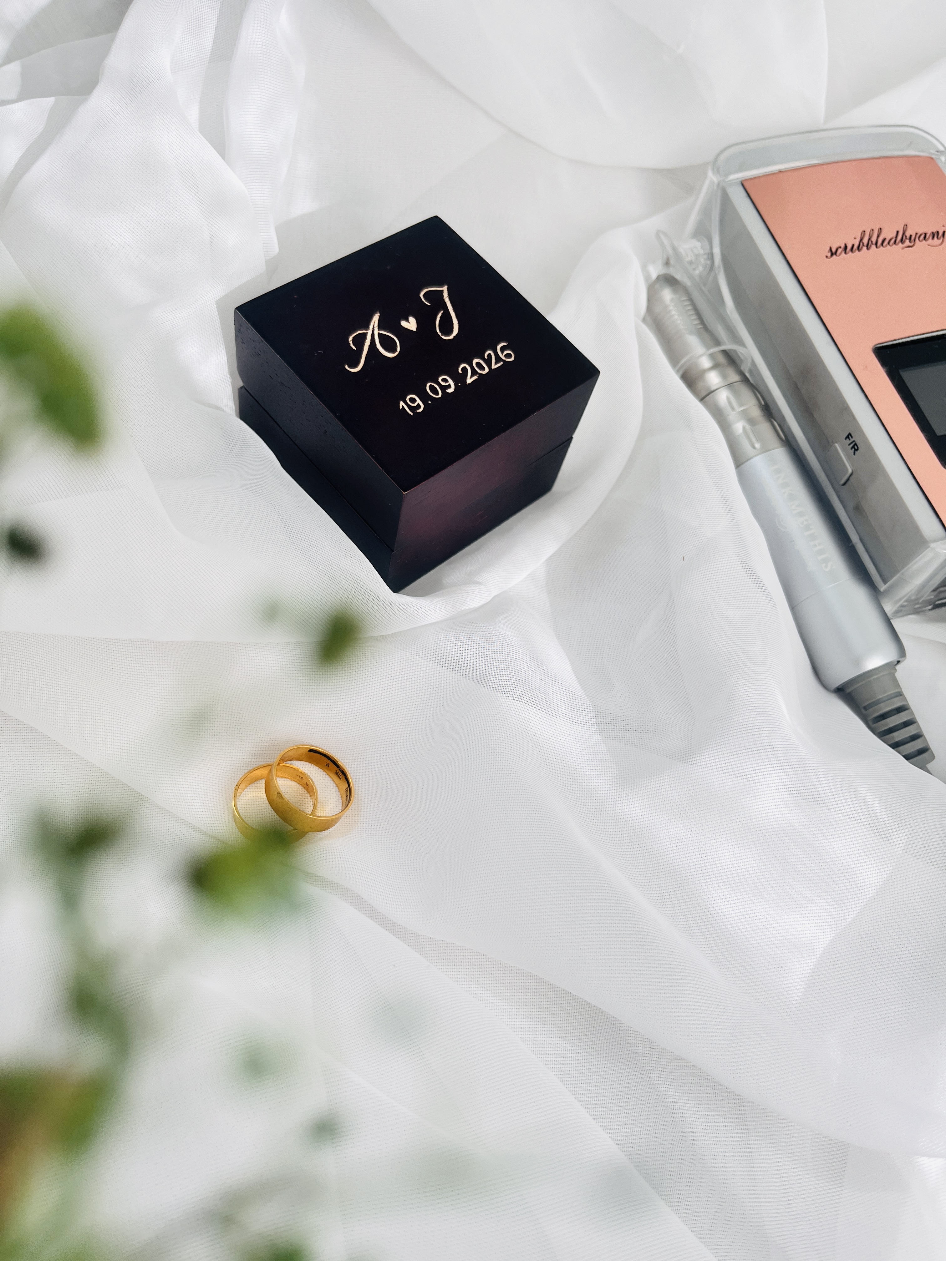 Hand-engraved wooden wedding ring box, personalised keepsake by Scribbled by Anju